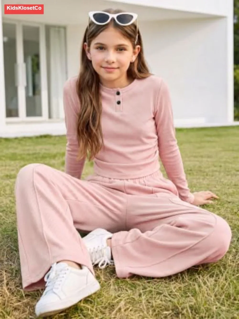 Girls 2 Piece Lounge Set Ribbed Ruched Top Wide Leg Pants